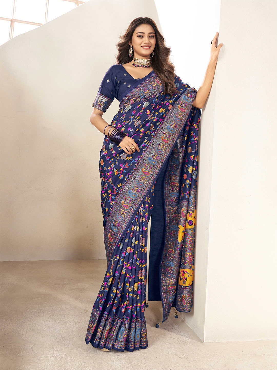 

Ethnielle Ethnic Motif Woven Design Bagh Saree, Navy blue
