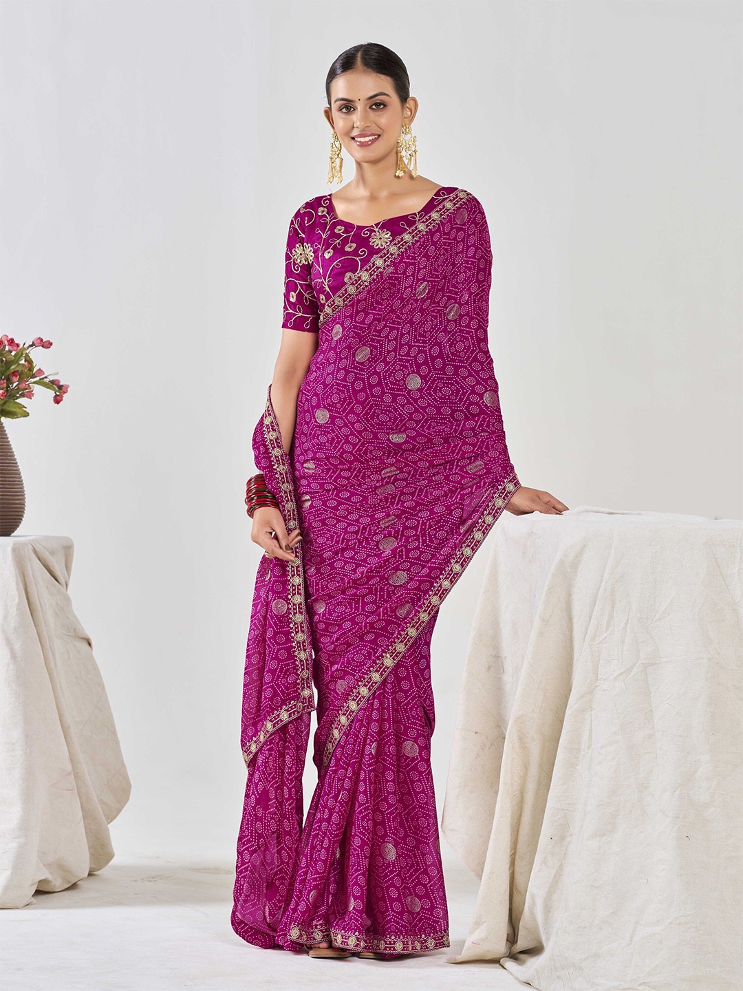 

Ethnielle Embroidered Pure Chiffon Bandhani Saree, Pink