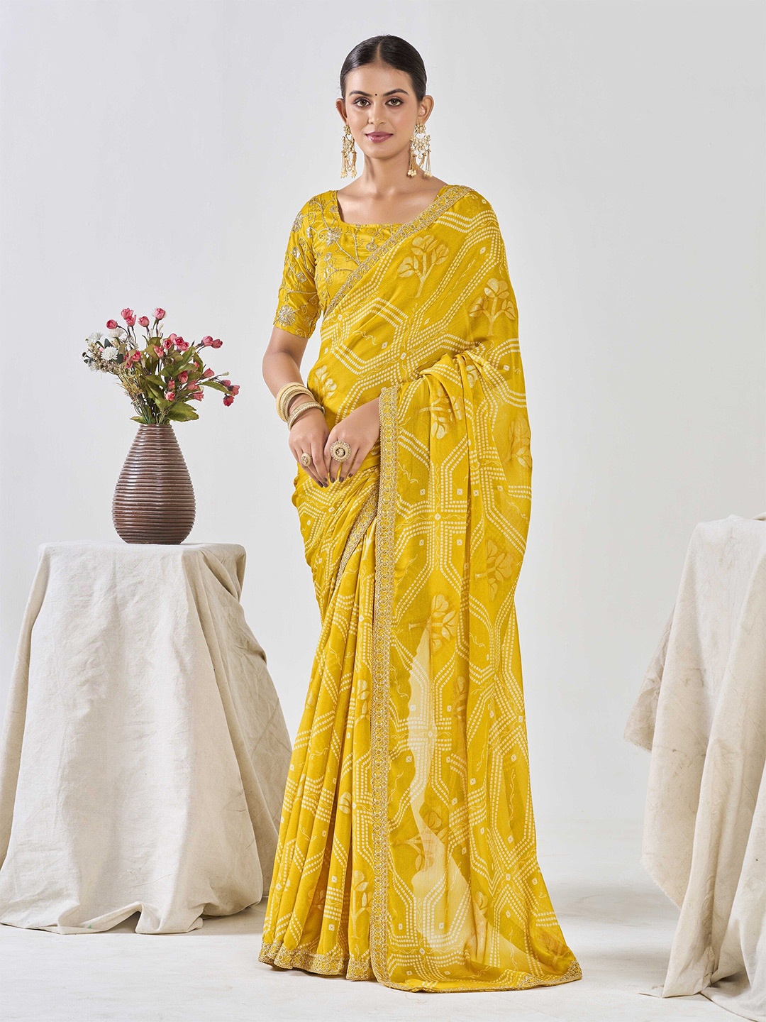 

Ethnielle Embroidered Pure Chiffon Bandhani Saree, Yellow