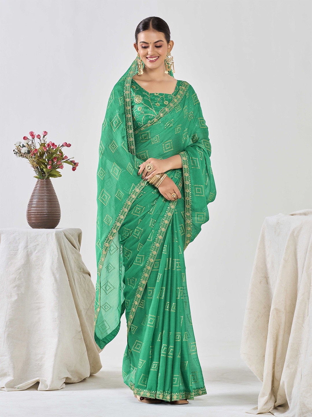 

Ethnielle Embroidered Pure Chiffon Bandhani Saree, Green