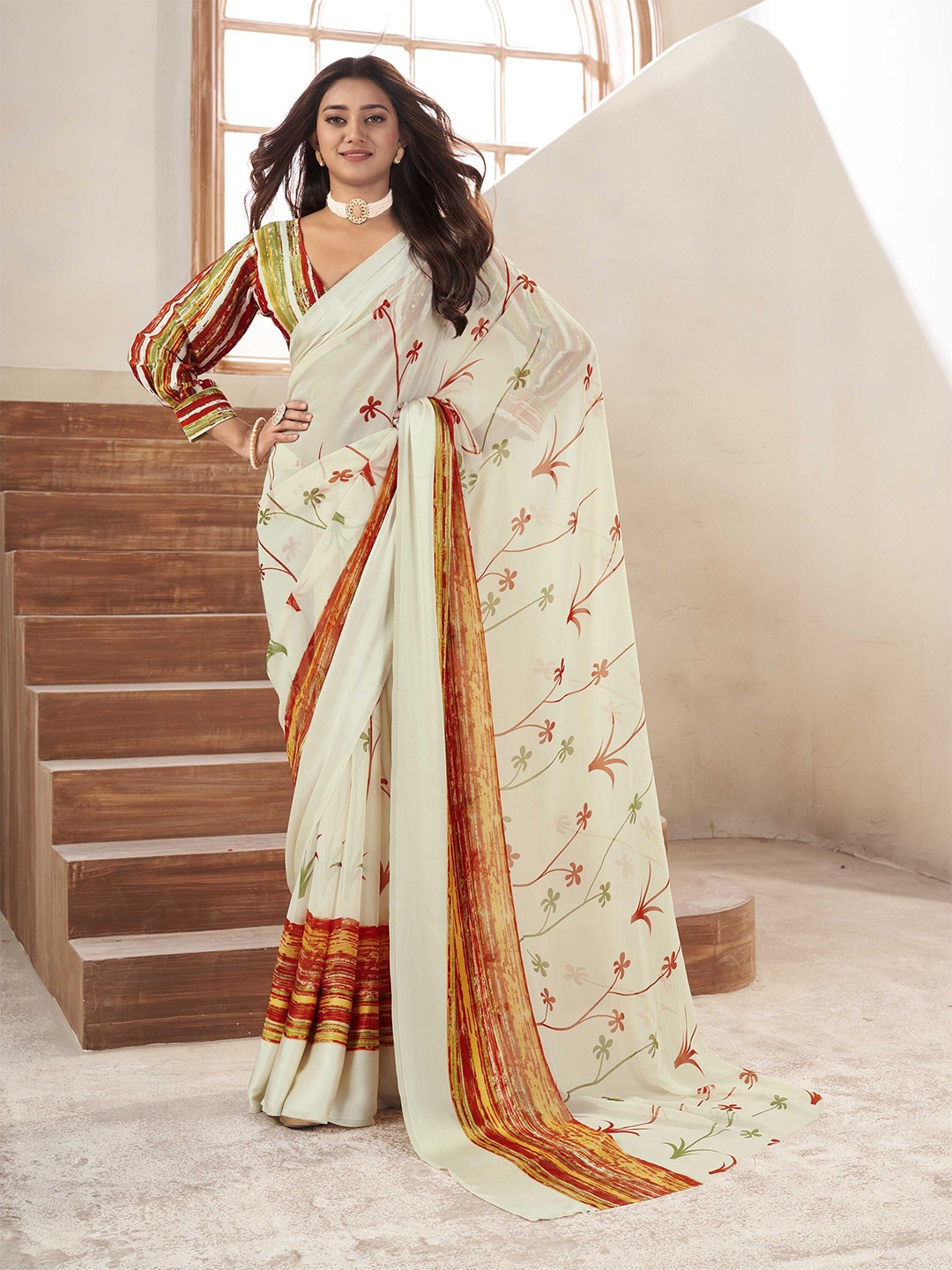 

Ethnielle Floral Satin Block Print Saree, White