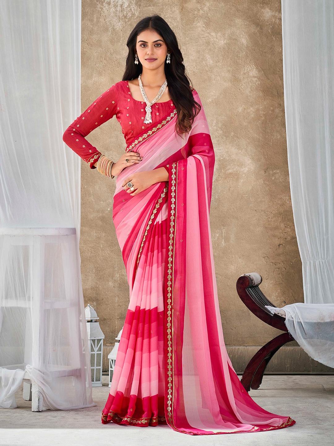 

Ethnielle Colourblocked Embroidered Pure Chiffon Saree, Pink
