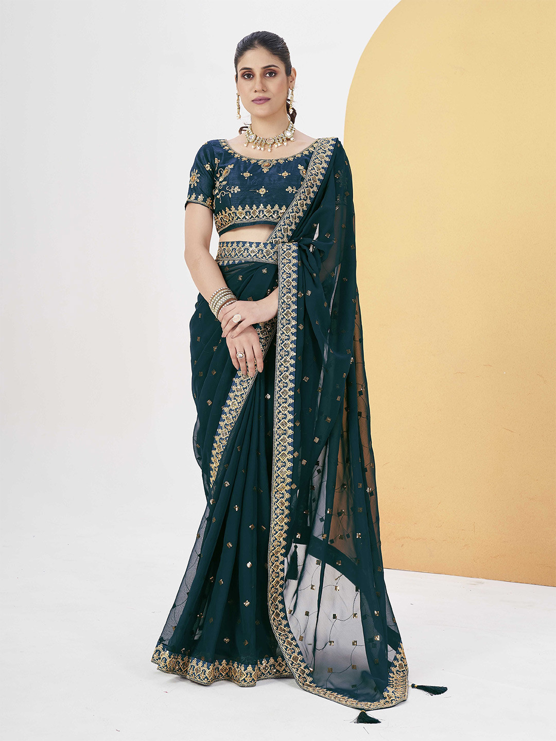 

Ethnielle Floral Embroidered Saree, Green
