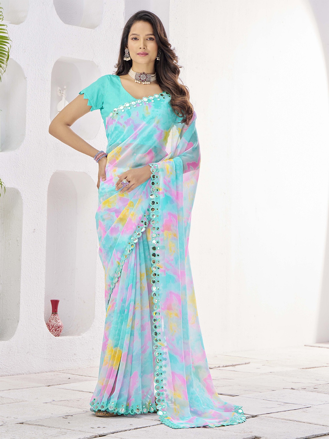 

Ethnielle Abstract Mirror Work Saree, Blue