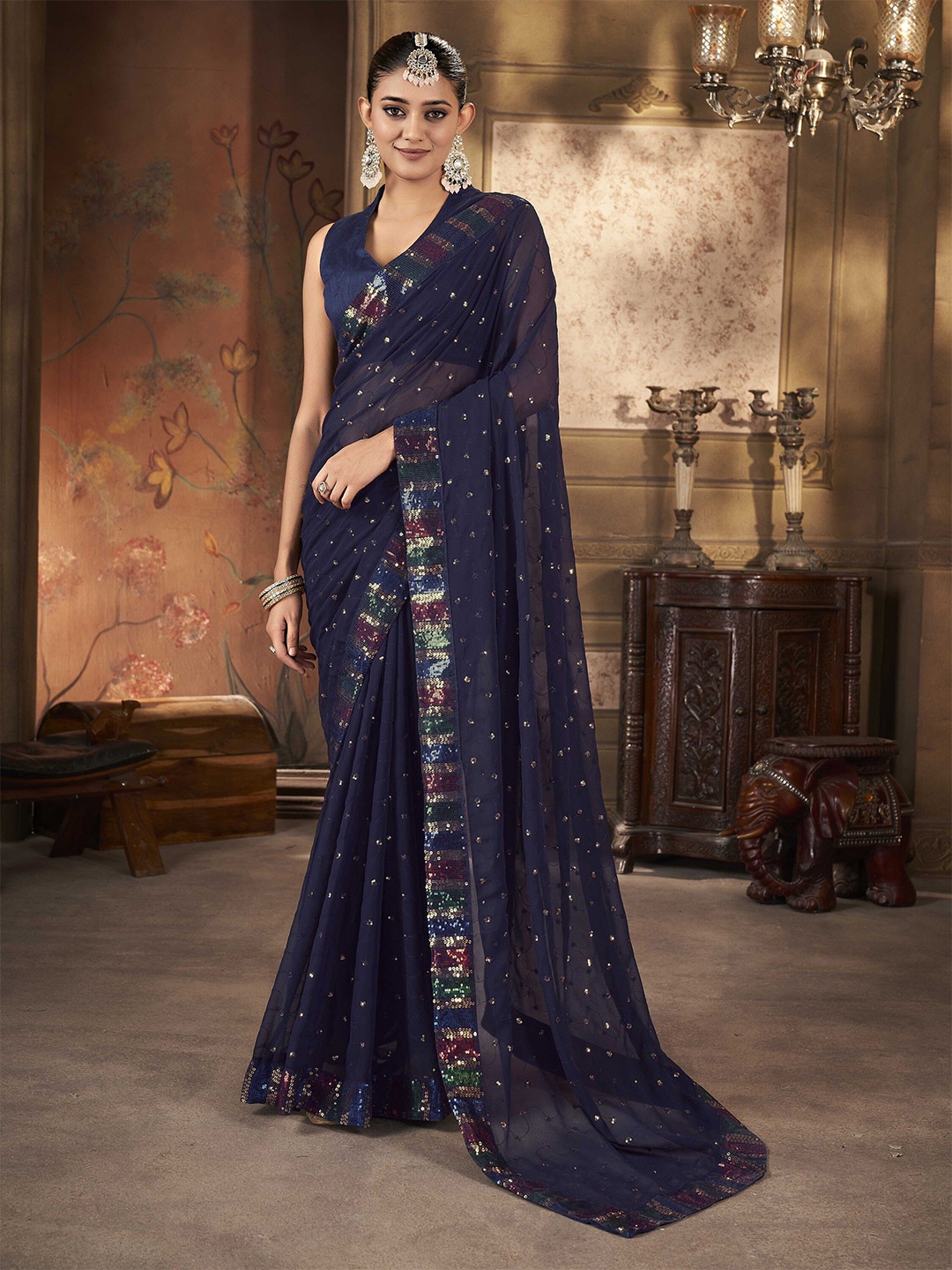 

Ethnielle Embellished Sequinned Pure Georgette Saree, Blue