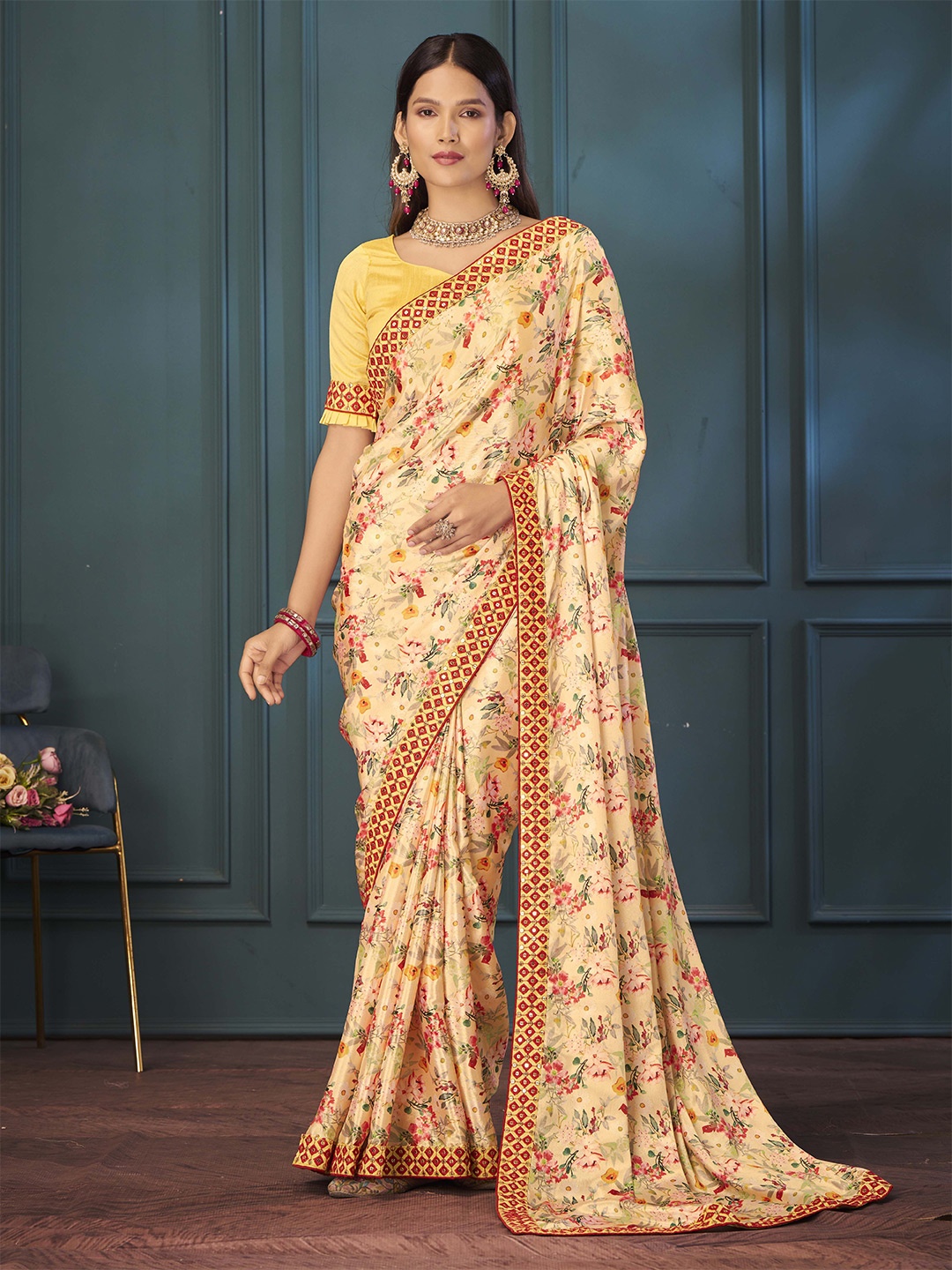 

Ethnielle Mirror Work Floral Saree with Blouse, Yellow