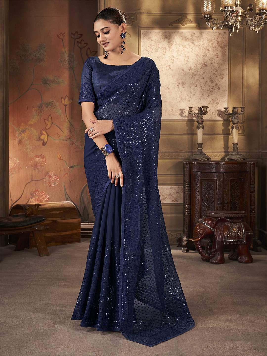 

Ethnielle Embellished Sequinned Pure Georgette Saree, Blue
