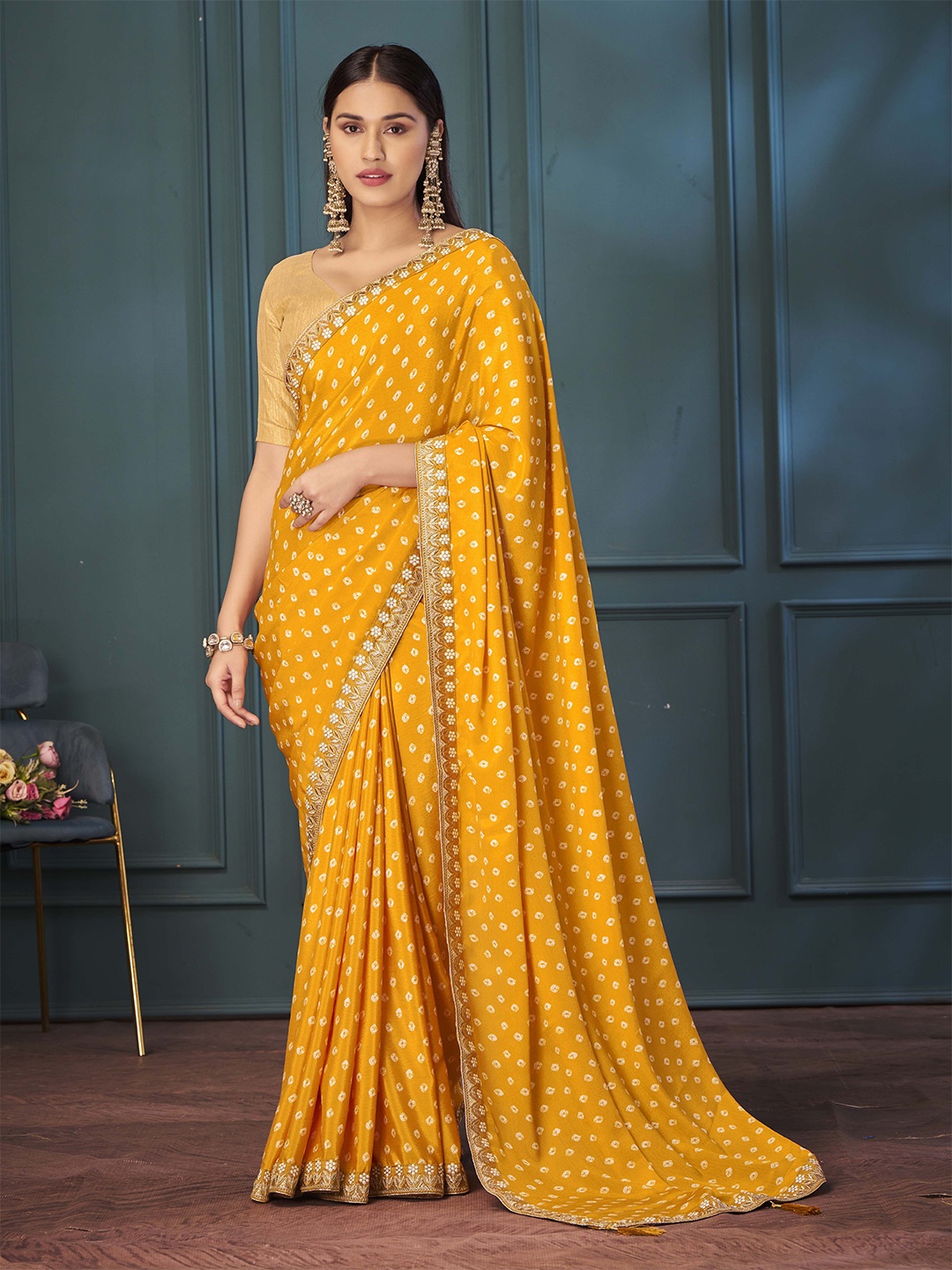 

Ethnielle Bandhani Embroidered Saree, Yellow