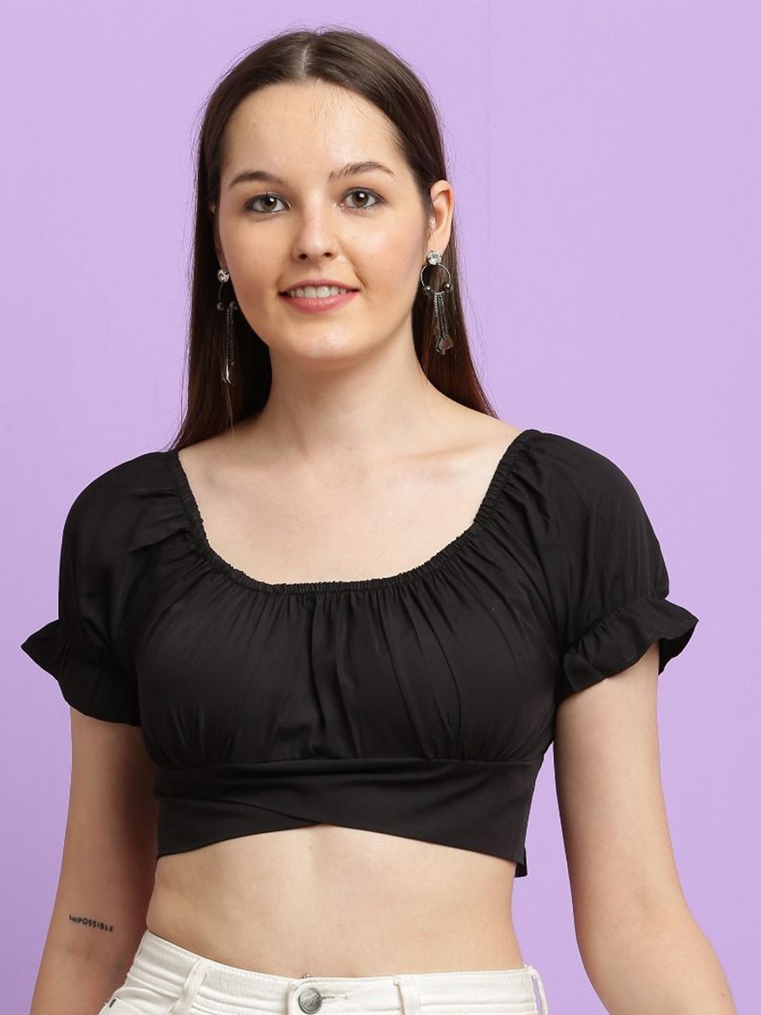 

BAESD Women Puff Sleeve Crepe Crop Top, Black