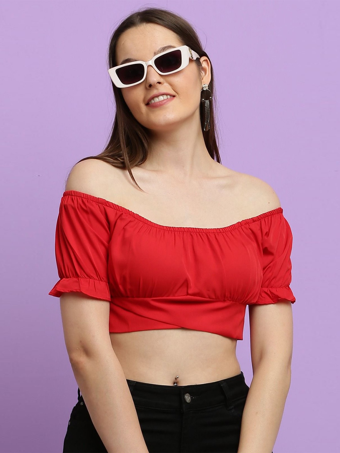 

BAESD Off-Shoulder Puff Sleeve Crepe Bardot Crop Top, Red