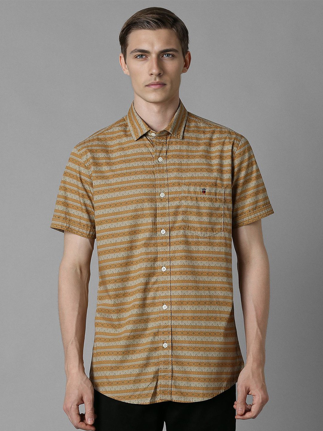 

Louis Philippe Jeans Men Spread Collar Striped Cotton Slim Fit Casual Shirt, Brown