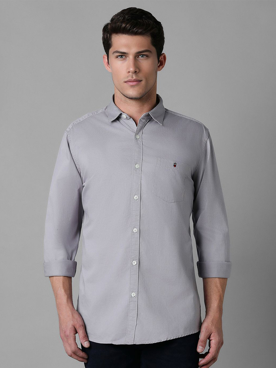 

Louis Philippe Jeans Men Spread Collar Solid Cotton Slim Fit Casual Shirt, Grey