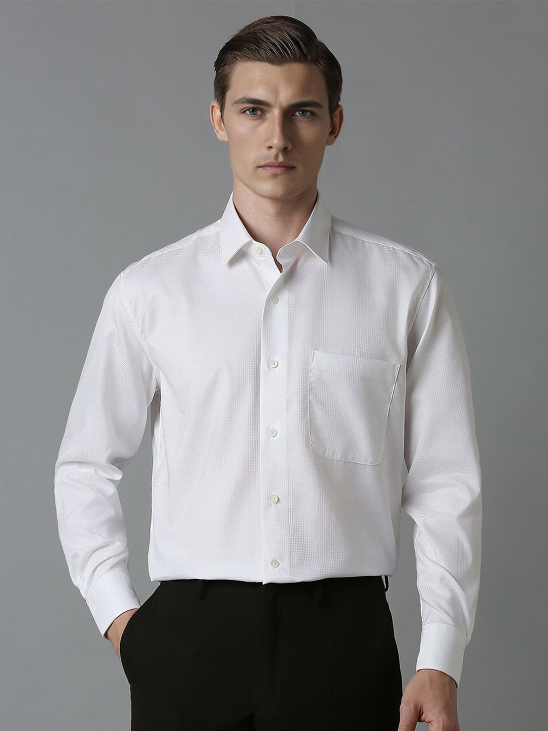 

Luxure by Louis Philippe Men Spread Collar Textured Solid Cotton Casual Shirt, White