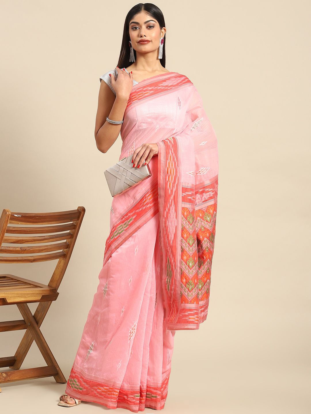 

all about you Geometric Pure Cotton Saree, Pink