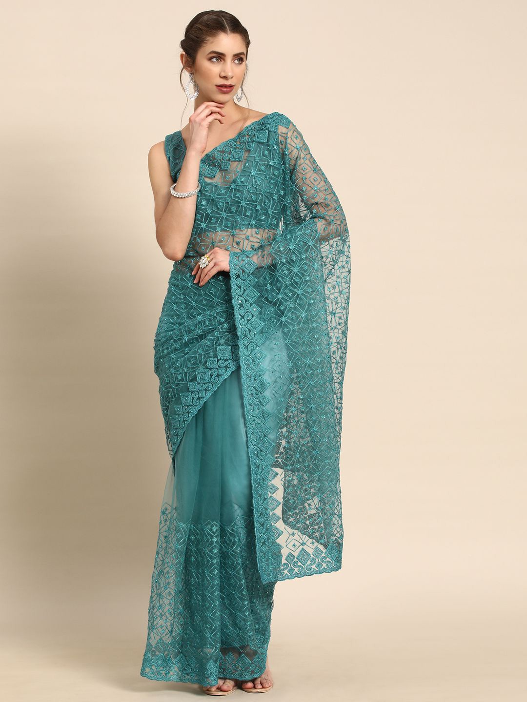 

all about you Geometric Embroidered Sequinned Saree, Turquoise blue