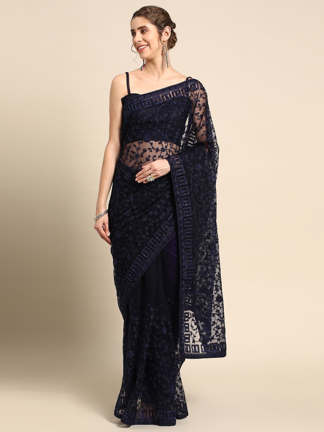 

all about you Ethnic Motif Embroidered Sequinned Saree, Navy blue