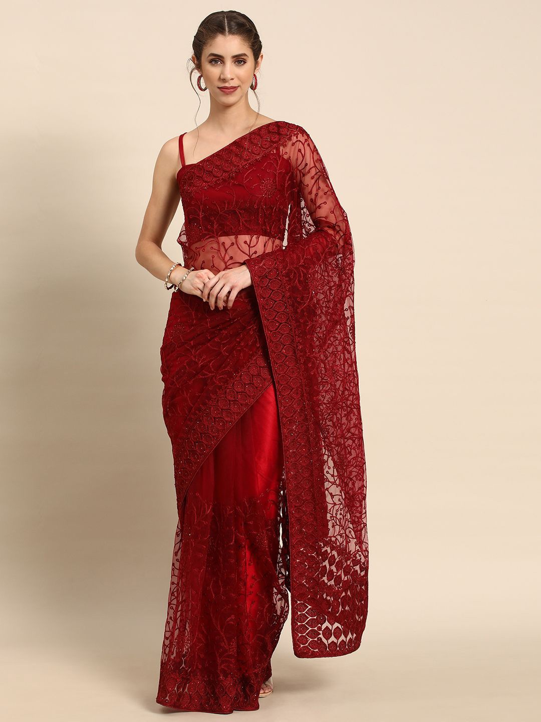 

all about you Ethnic Motif Sequinned Embroidered Saree, Maroon