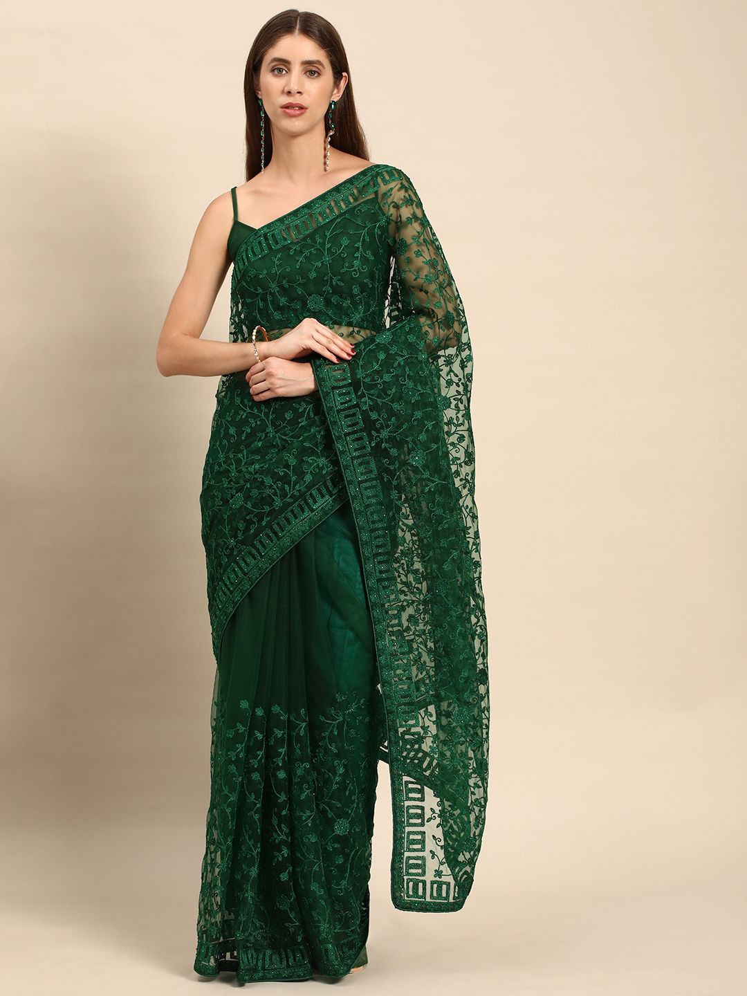 

all about you Ethnic Motif Embellished Embroidered Saree, Green