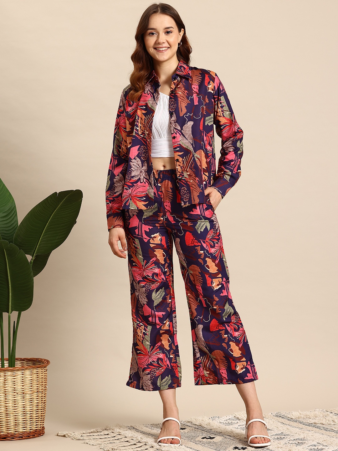 

Mast & Harbour Printed Shirt With Palazzos, Purple