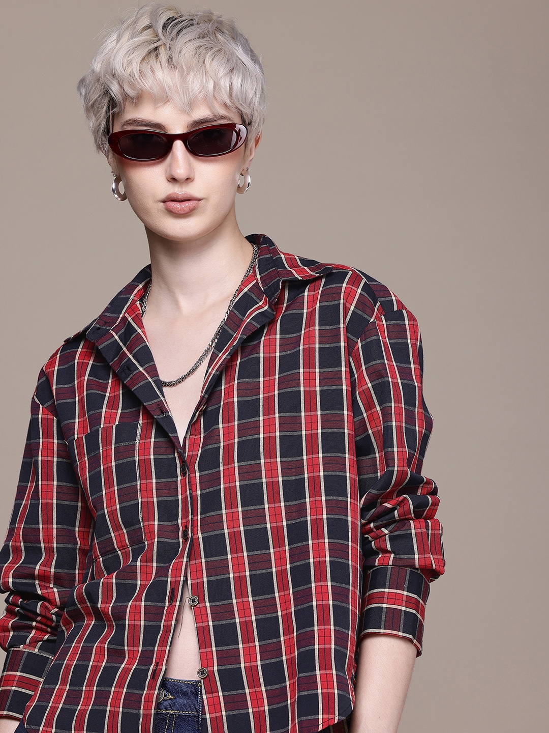 

Roadster Women Checked Oversized Casual Shirt, Red