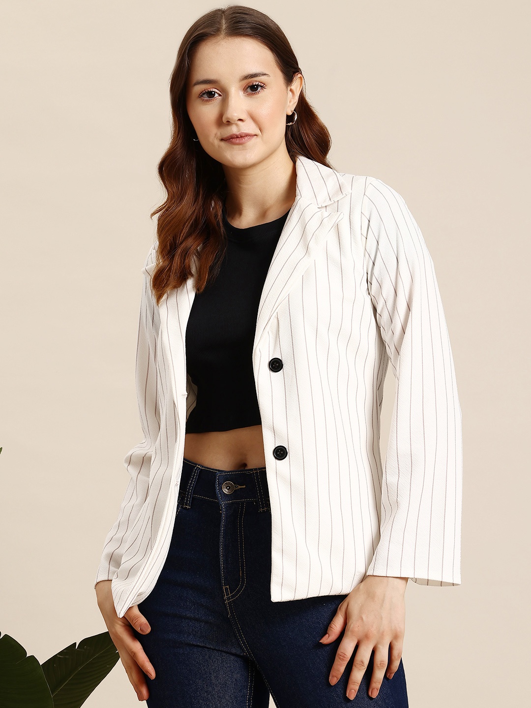 

Mast & Harbour Striped Single-Breasted Casual Blazer, White