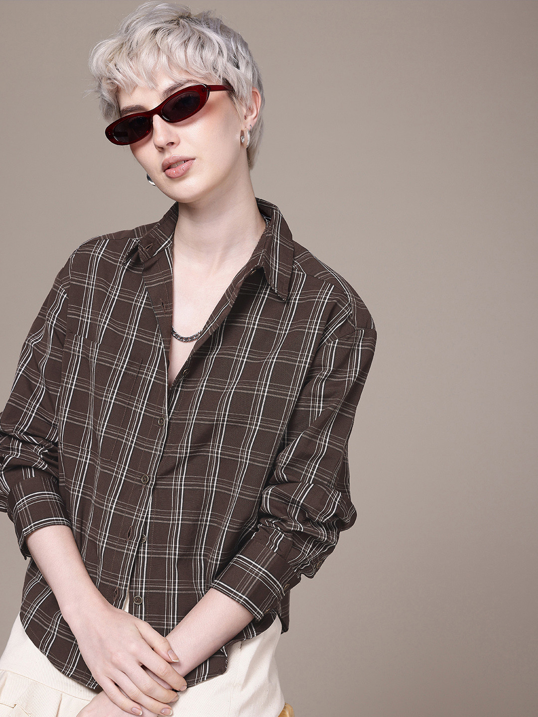 

Roadster Checked Oversized Casual Shirt, Coffee brown