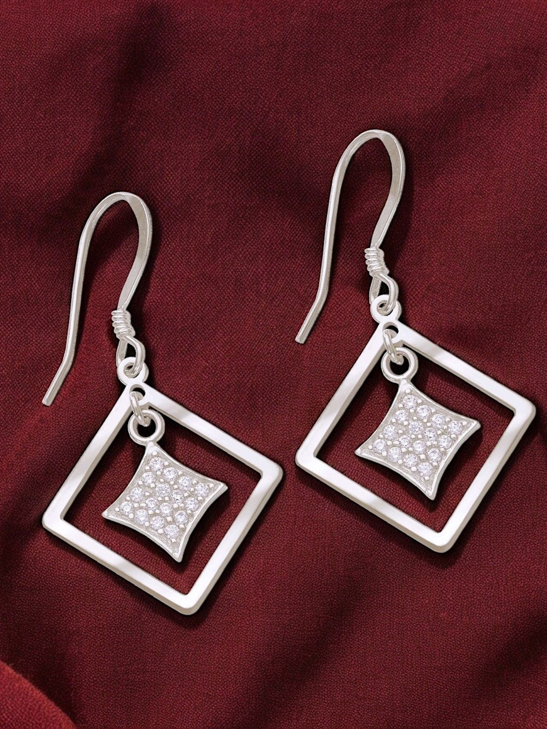 

Taraash Rhodium-Plated 925 Sterling Silver Cubic Zirconia Square Drop Earrings