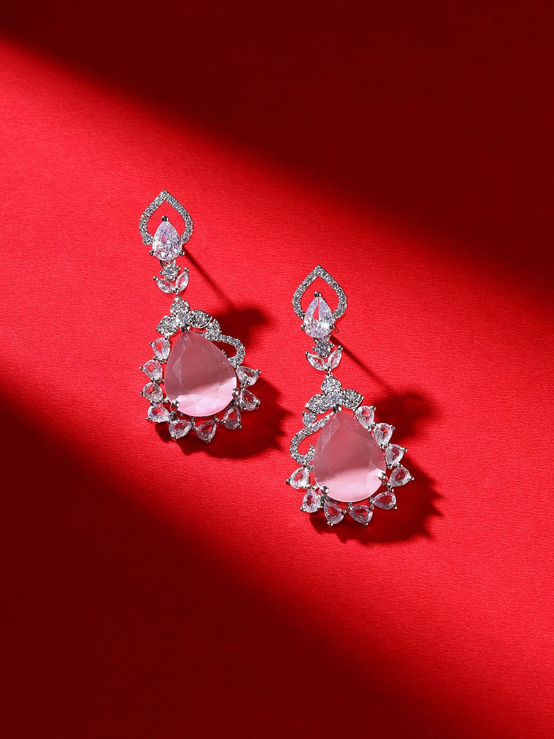 

Priyaasi Silver-Plated American Diamond Drop Earrings, Pink