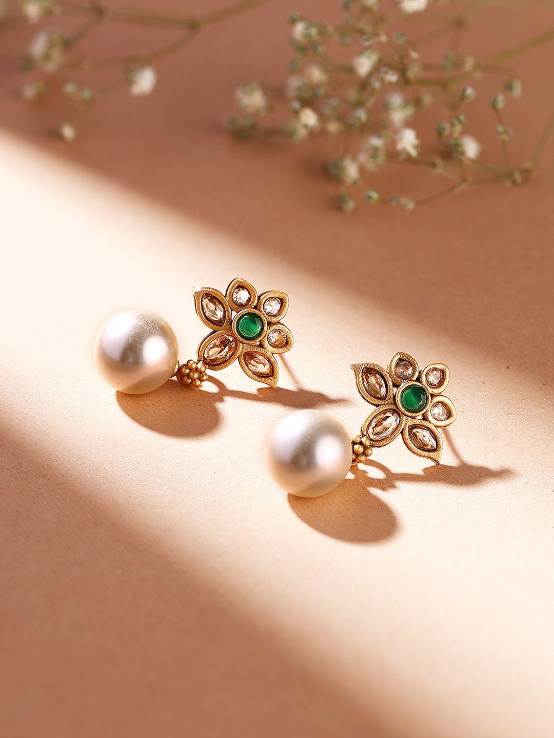 

Priyaasi Gold-Plated Stone Studded & Beaded Contemporary Drop Earrings