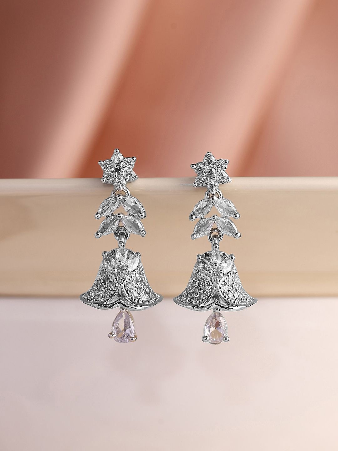

Priyaasi Silver-Plated American Diamond Studded Jhumkas