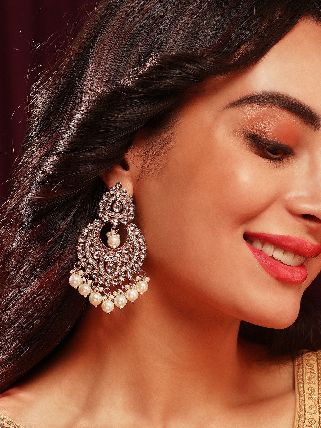

Priyaasi Gold Plated Kundan Pearl Beaded Contemporary Chandbalis