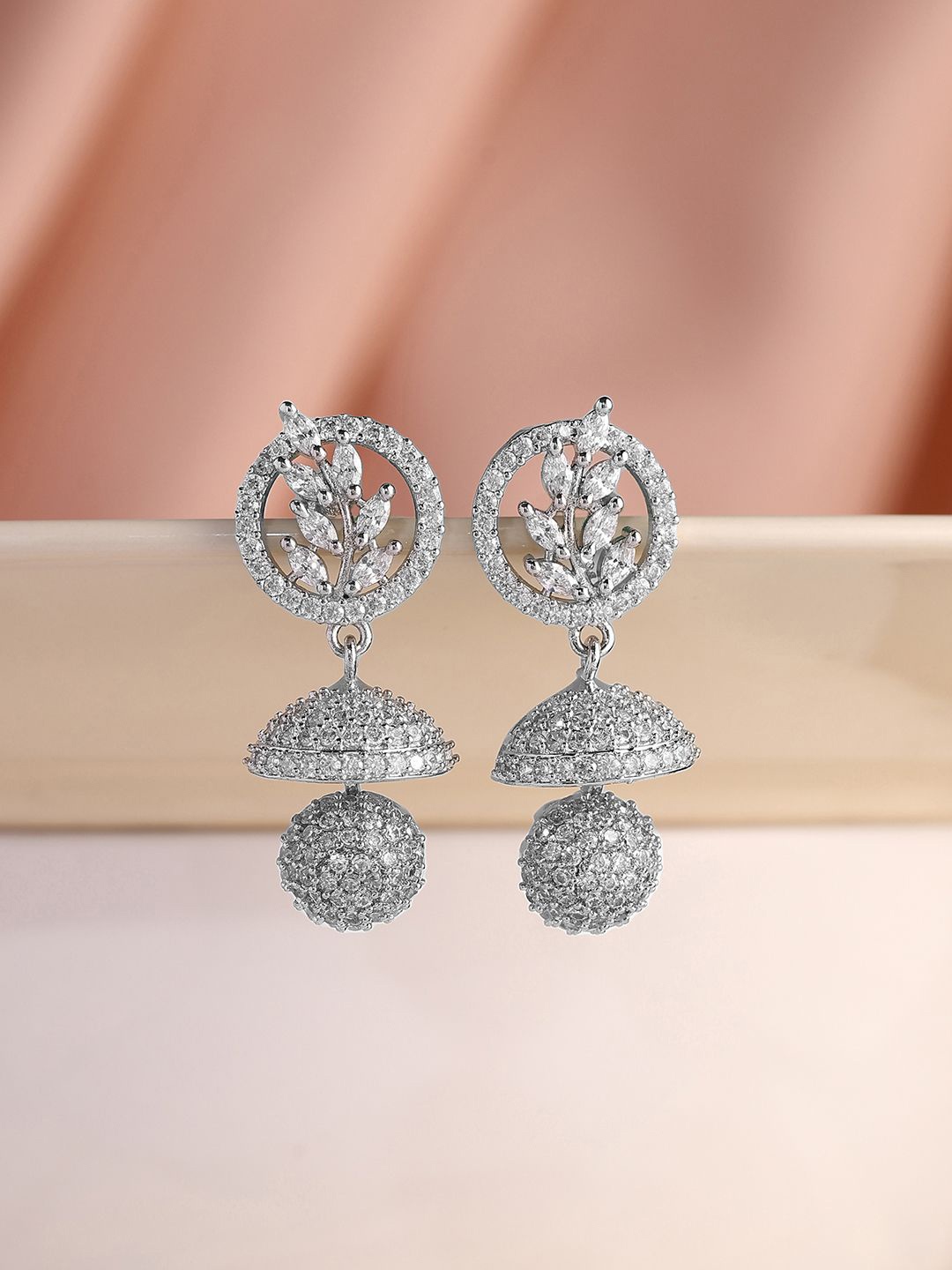 

Priyaasi Silver-Plated AD Stone Studded Contemporary Jhumkas