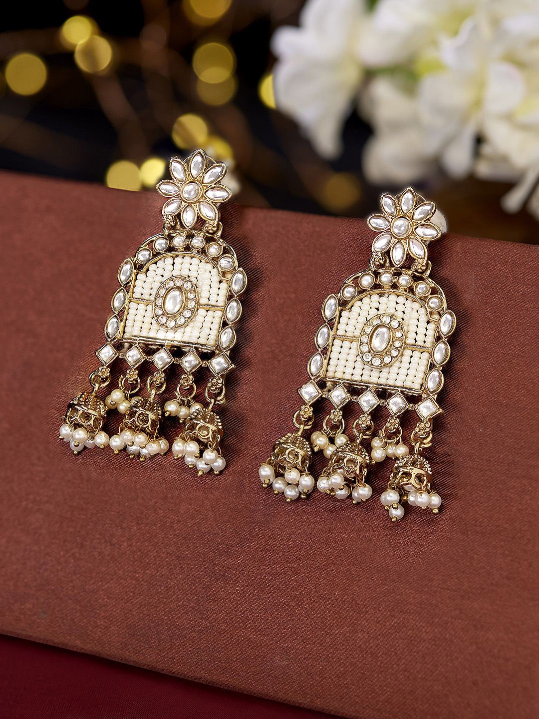 

Priyaasi Gold-Plated Stone-Studded & Beaded Contemporary Drop Earrings