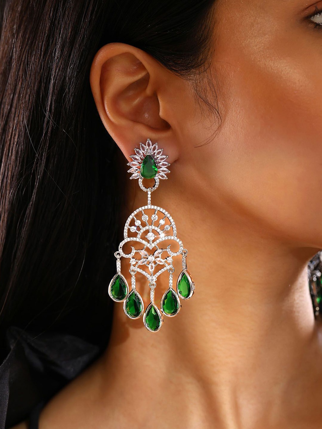 

Priyaasi Silver-Plated American Diamond-Studded Contemporary Drop Earrings