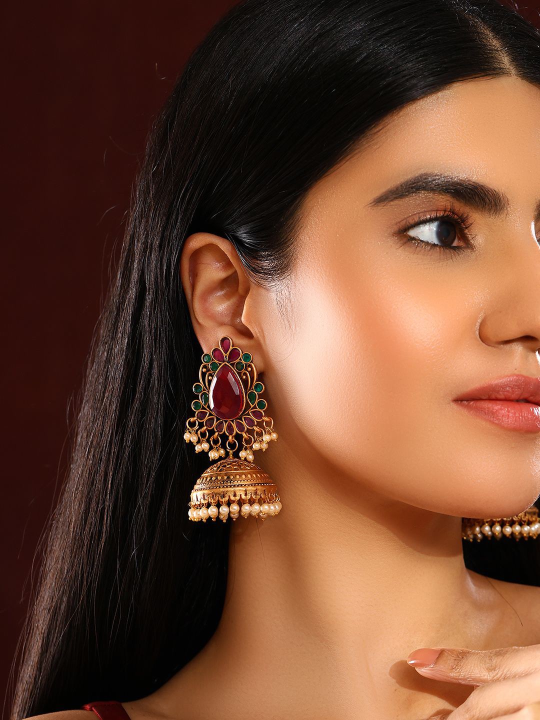 

Priyaasi Gold-Plated Stone Studded & Beaded Contemporary Jhumkas