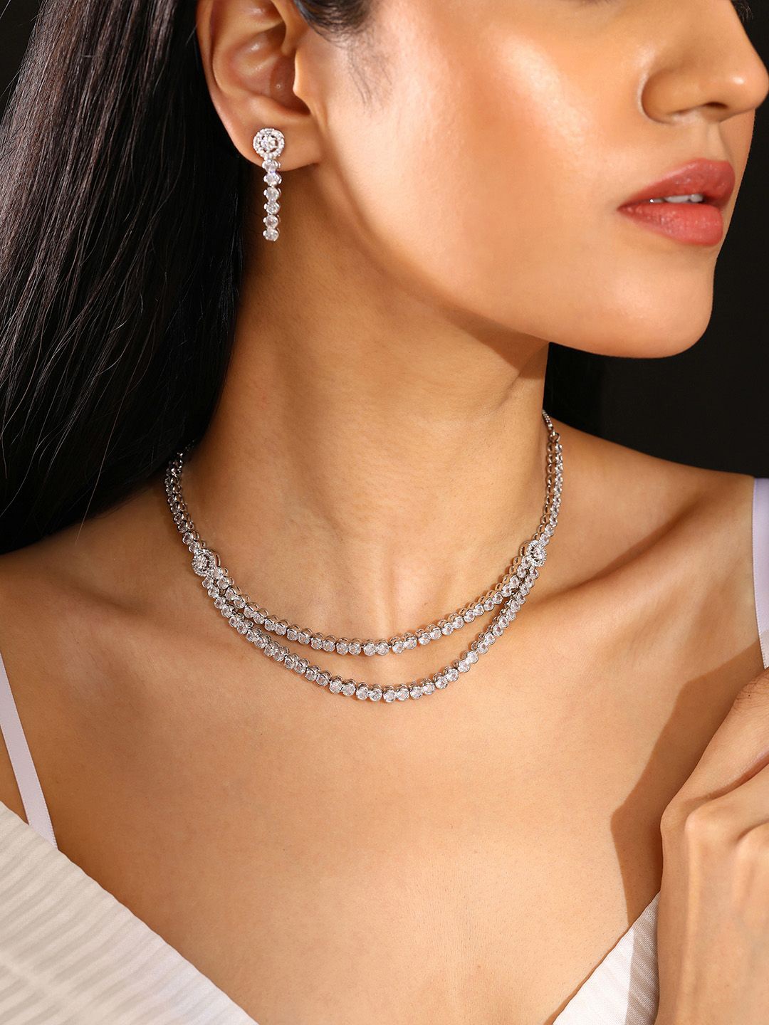 

Priyaasi Silver-Plated American Diamond Studded Jewellery Set