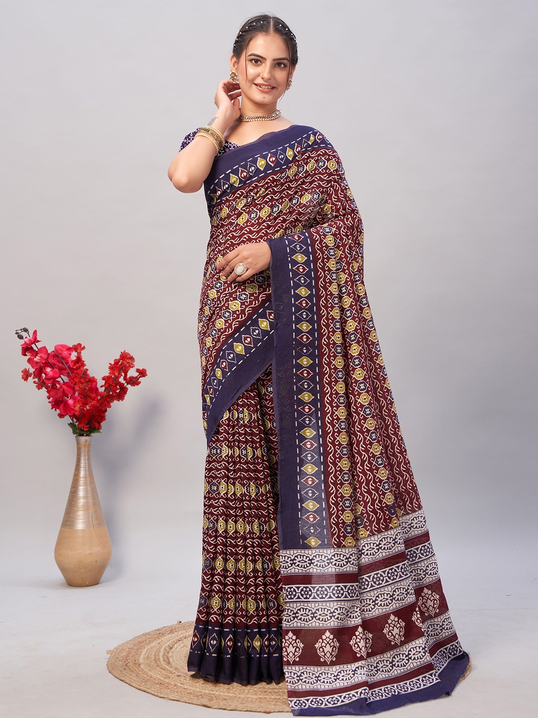 

Mitera Ajrak Block Pure Cotton Saree, Maroon