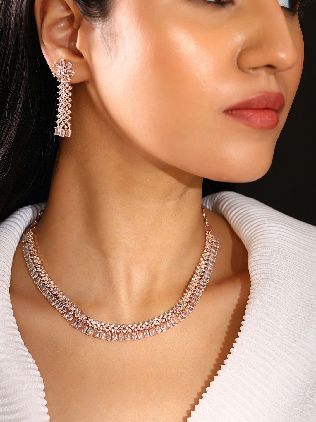 

Priyaasi Rose Gold-Plated American Diamond Studded Blossom Jewellery Set