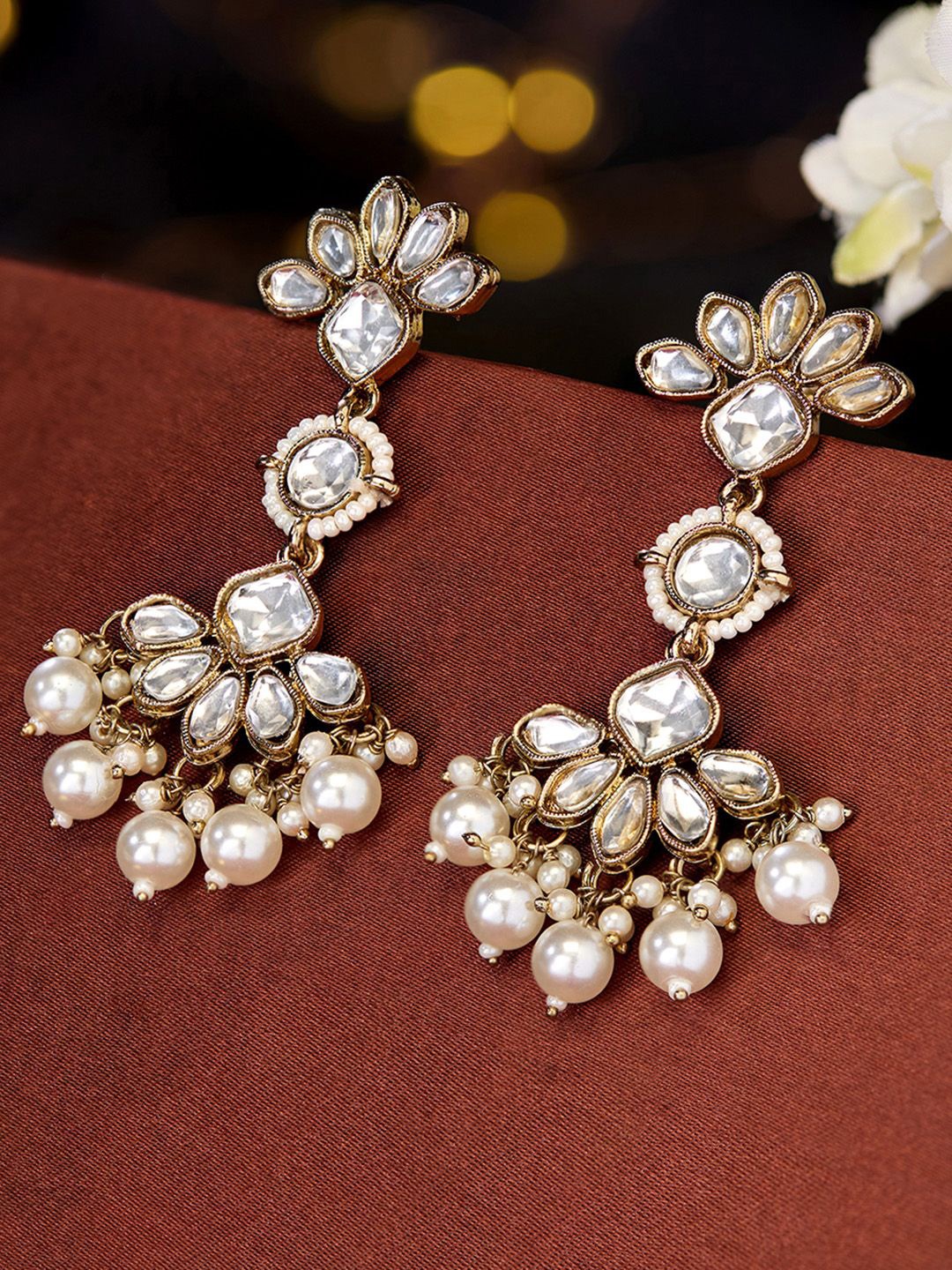 

Priyaasi Gold-Plated Floral Kundan Studded & Pearls Beaded Drop Earrings