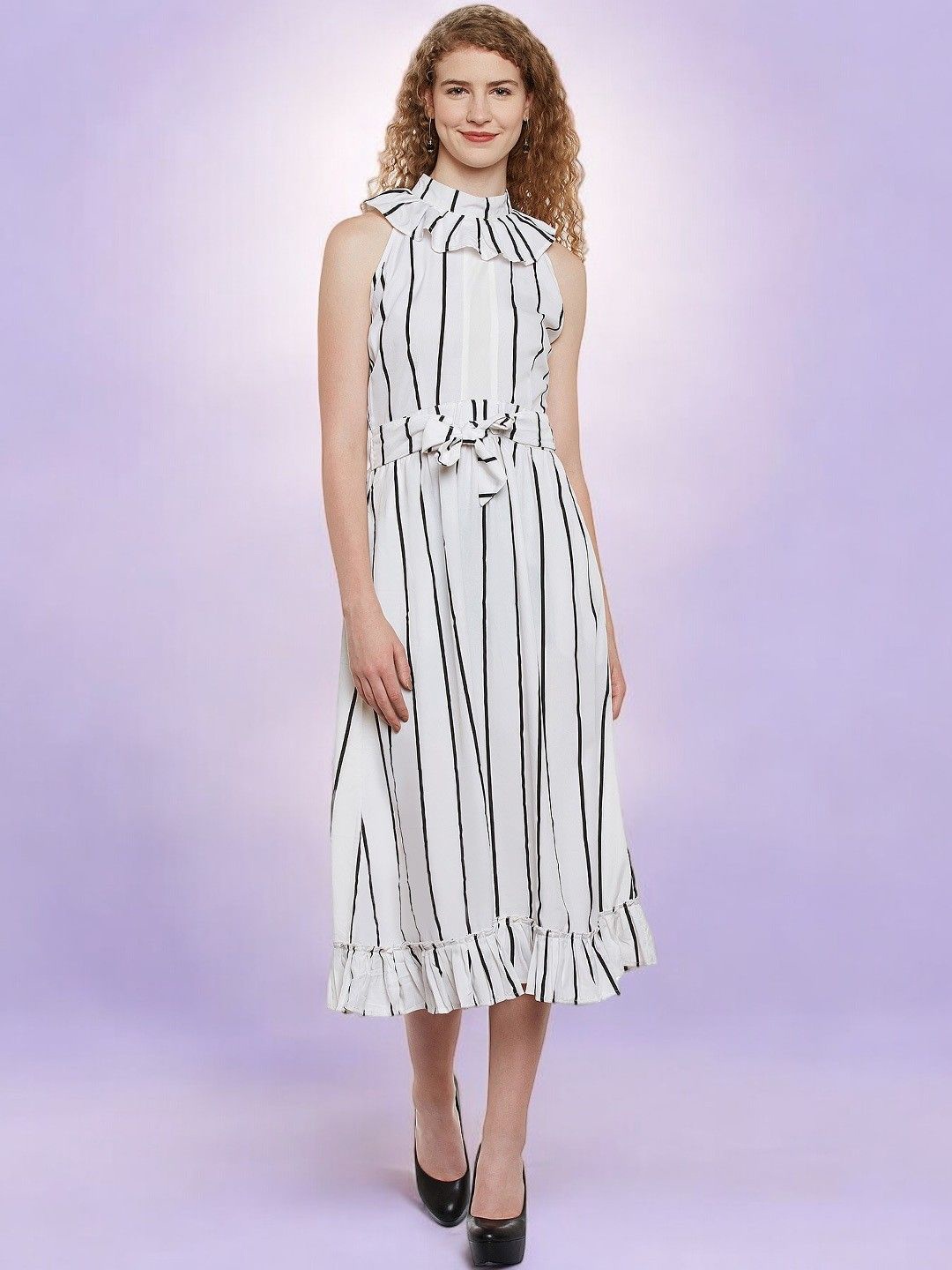 

BAESD Striped Mock Neck Sleeveless Fit & Flare Midi Dress, White