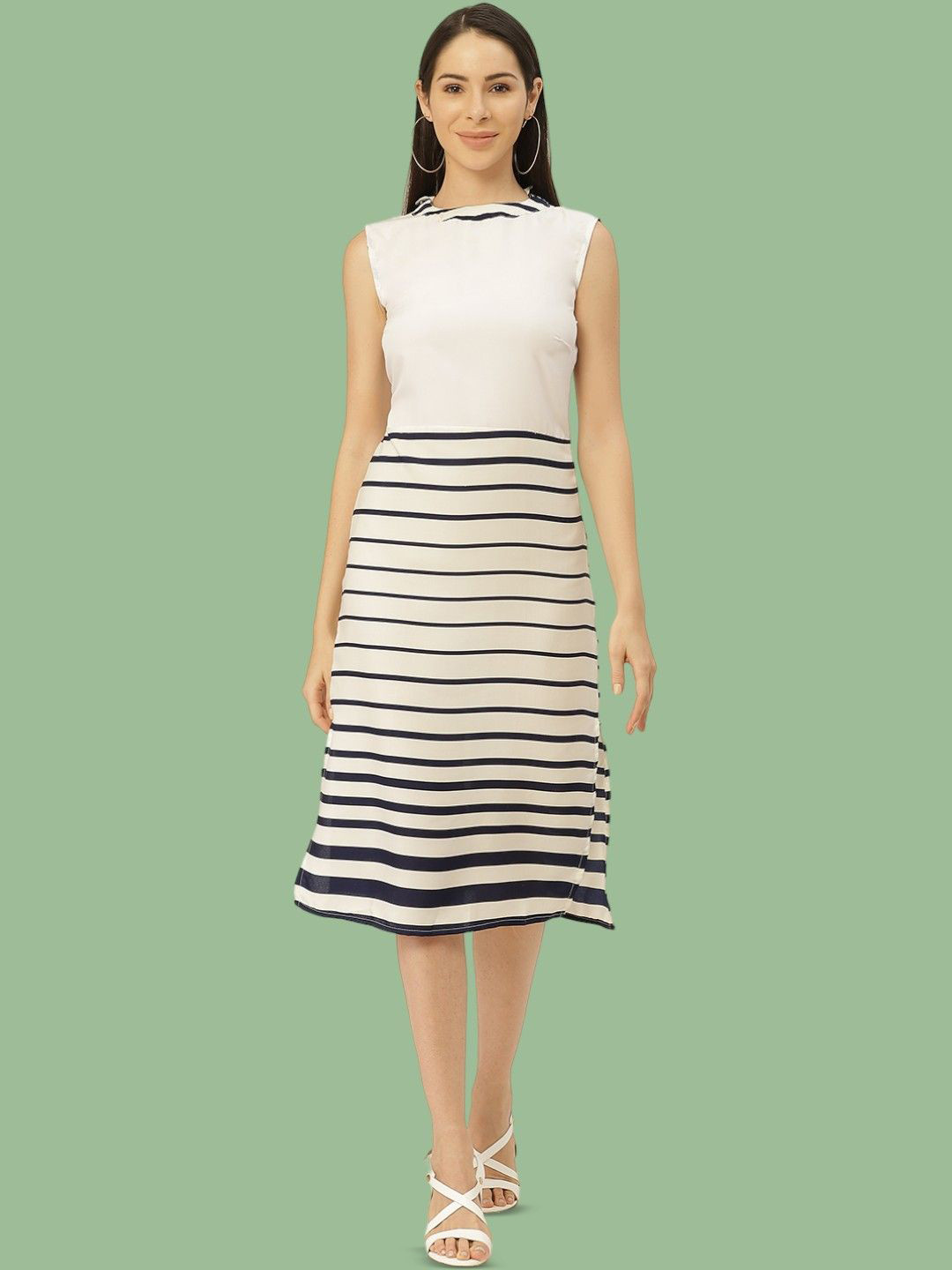 

BAESD Striped Round Neck Sleeveless Sheath Dress, White
