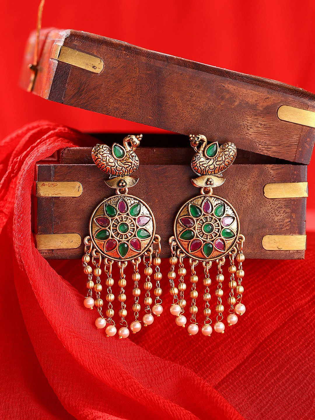 

Priyaasi Gold-Plated Stone-Studded & Pearl Beaded Dome Shaped Drop Earrings