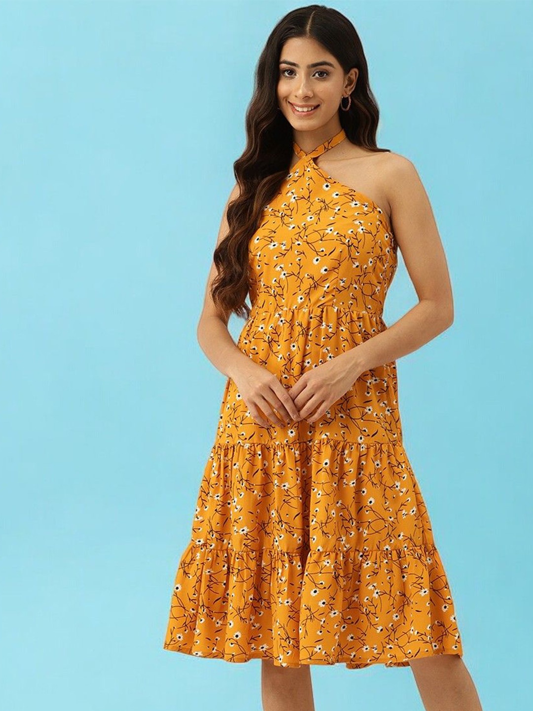 

BAESD Women Floral Printed Halter Neck Sleeveless A-Line Dress, Yellow