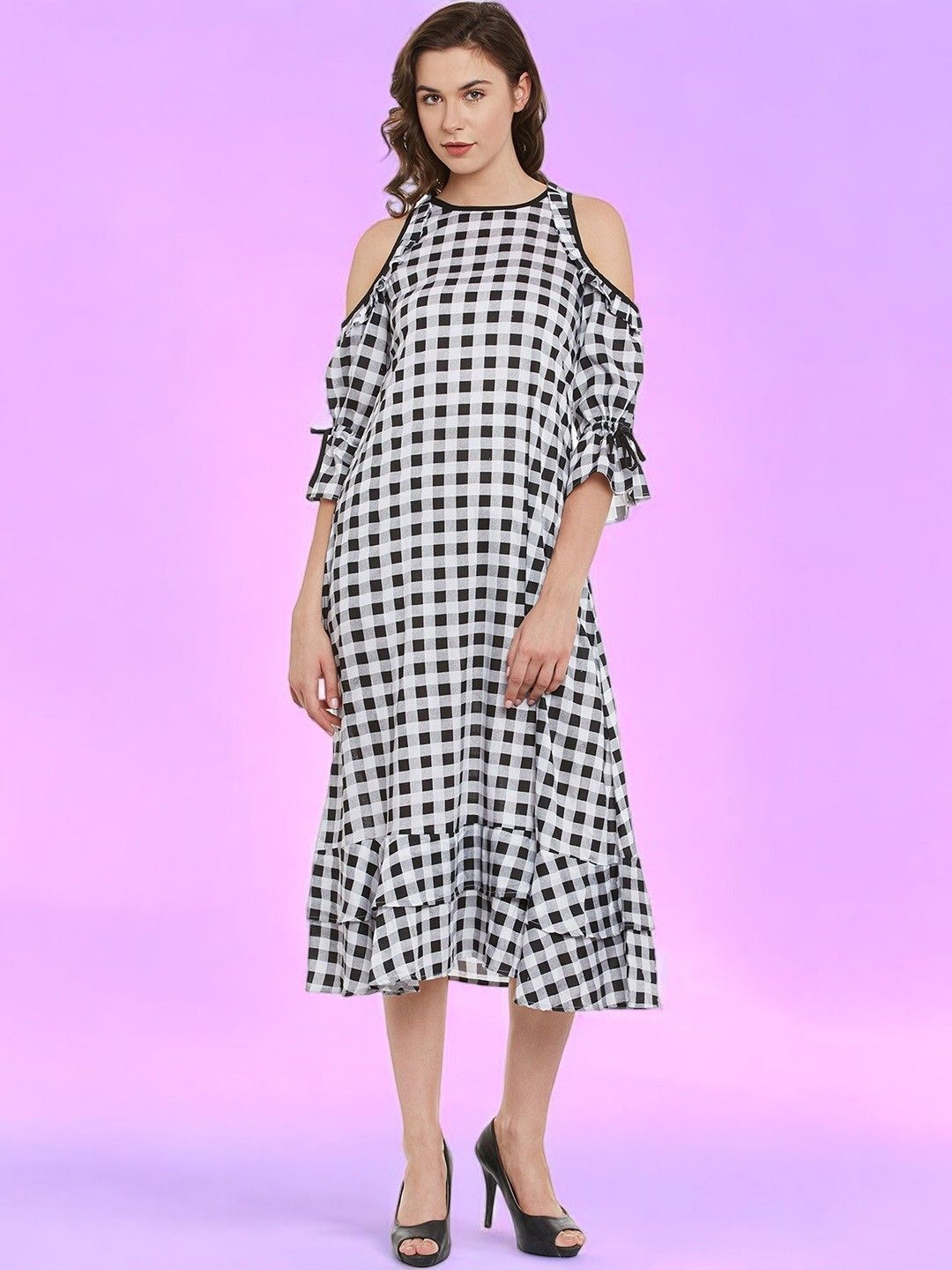 

BAESD Checked Cold-Shoulder Sleeves A-Line Midi Dress, Black