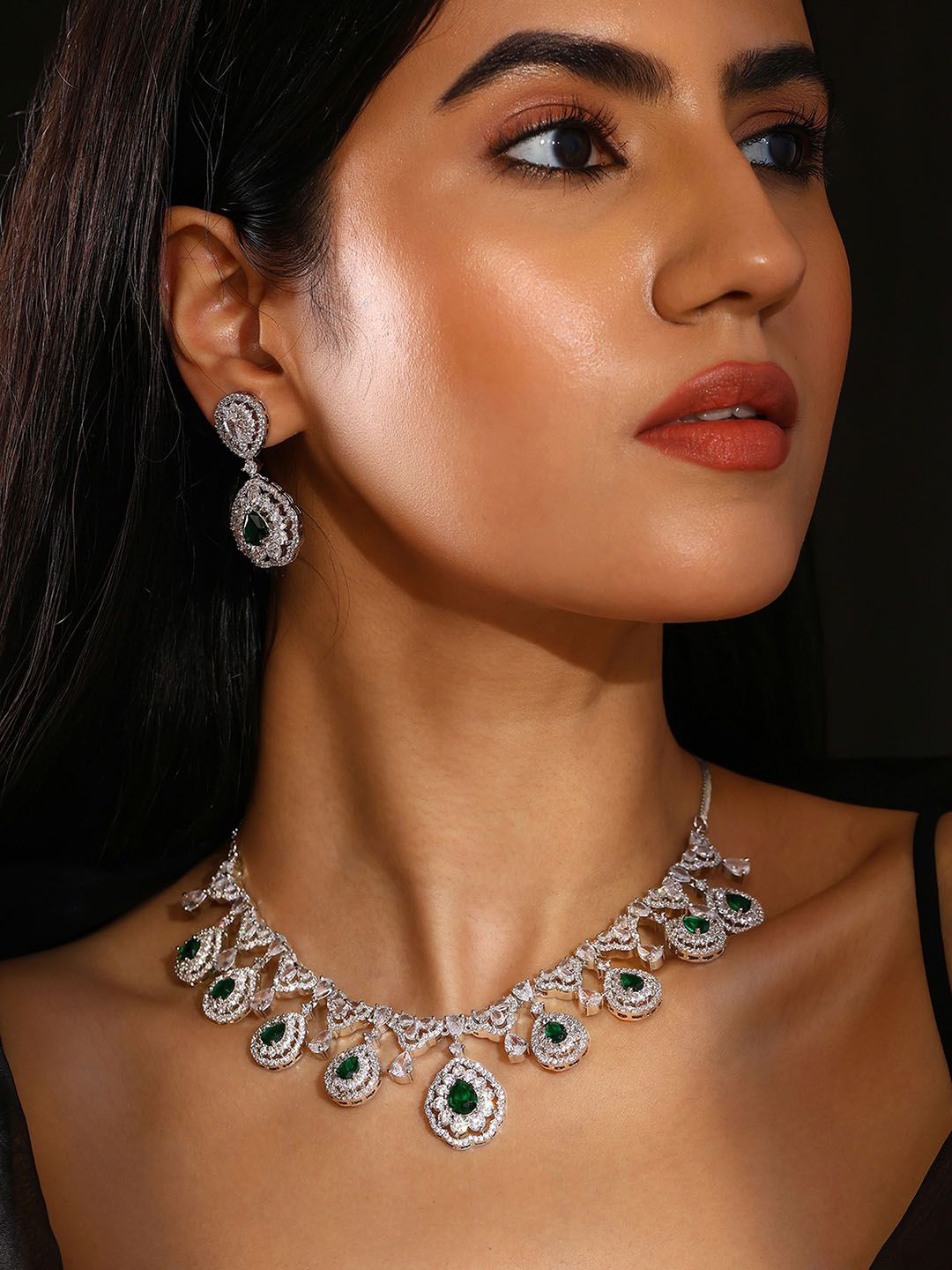 

Priyaasi Silver-Plated American Diamond- Studded Drop Style Jewellery Set