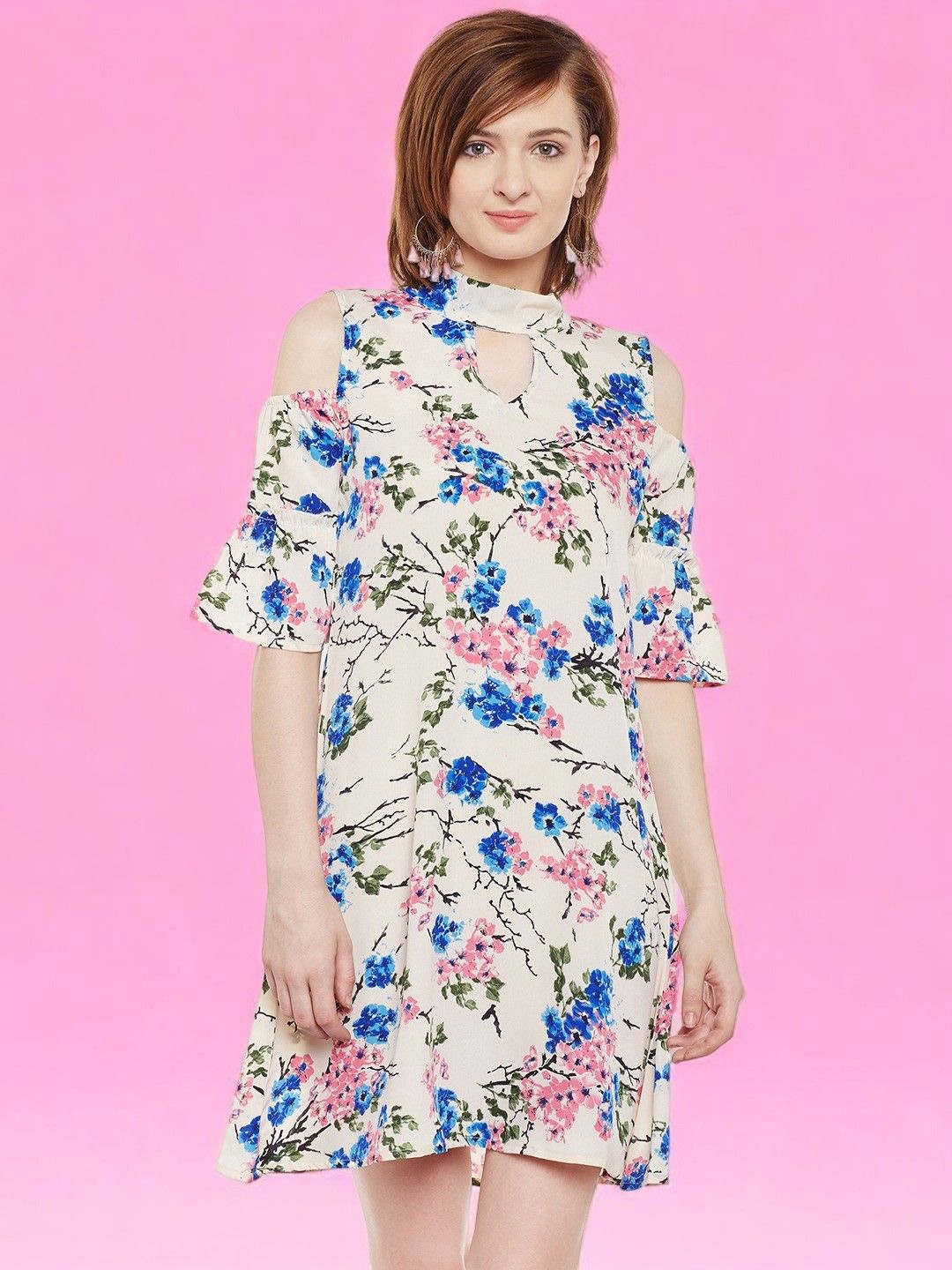

BAESD Floral Printed Cold-Shoulder Crepe A-Line Dress, Off white