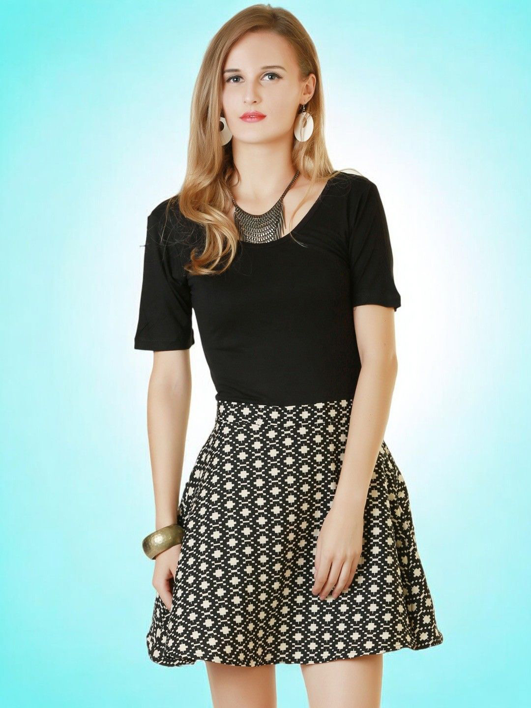 

BAESD Printed Round Neck Short Sleeves Fit & Flare Mini Dress, Black