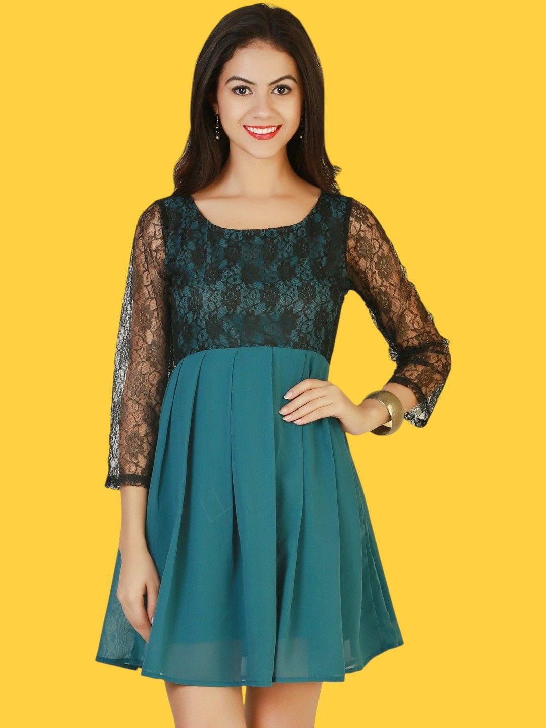 

BAESD Women Georgette Fit and Flare Three-Quarter Sleeves Dress, Teal