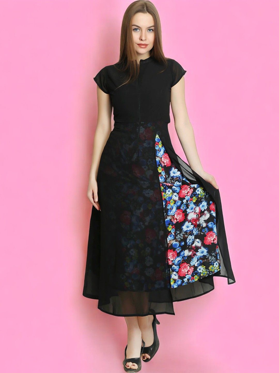 

BAESD Floral Printed Georgette Maxi Dress, Black