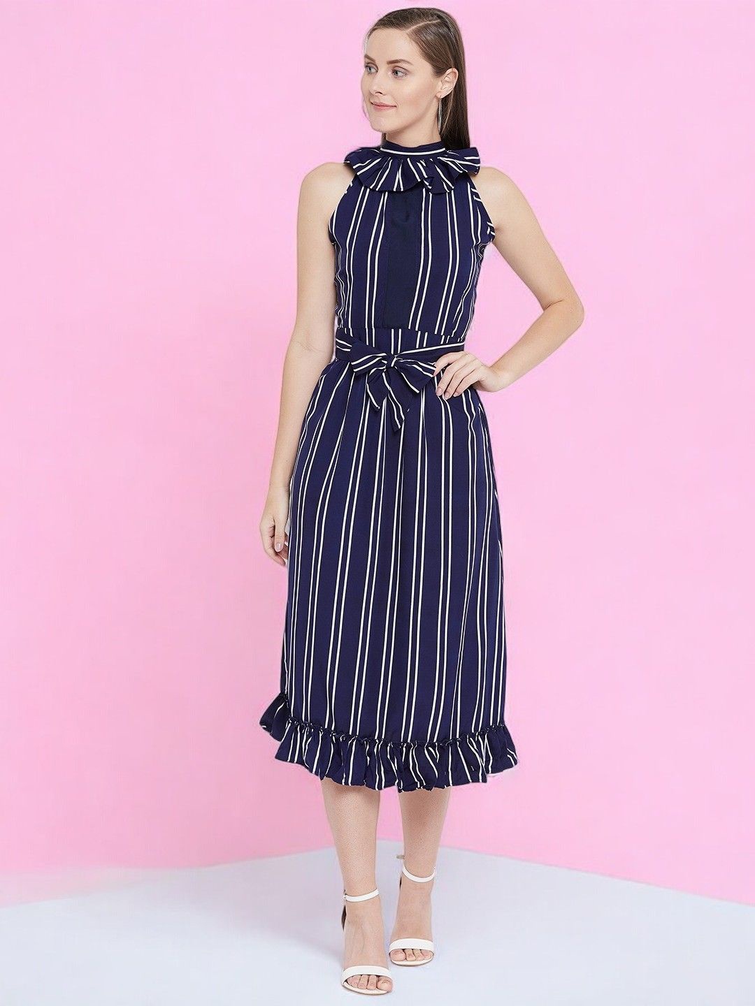 

BAESD Women Round Neck Striped Sleeveless Fit and Flare Midi Dress, Navy blue